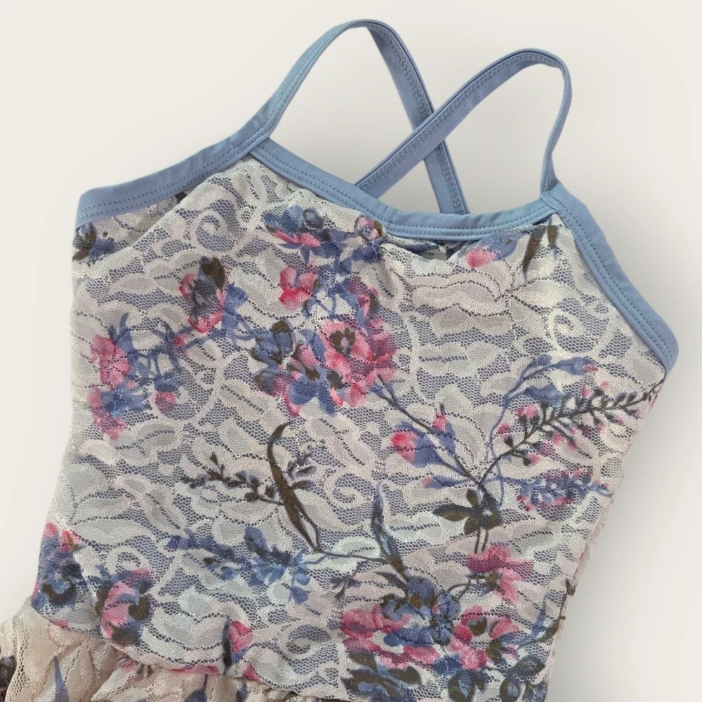 DANSCO Vintage Gym Foral Lace Leotard With Skirt. Size Small Fits 6 7.